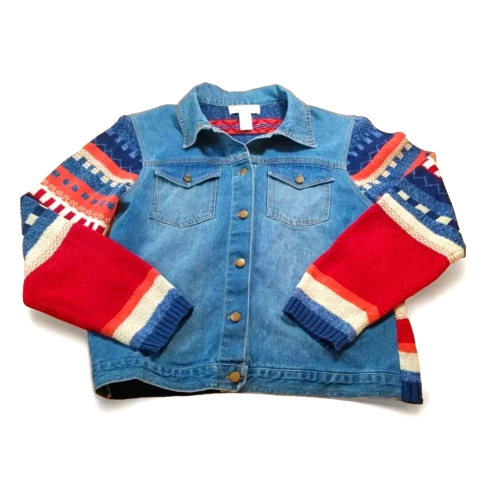 Real Comfort Southwestern Sweater Denim Trucker Jacket Woman Med Navajo Tribal